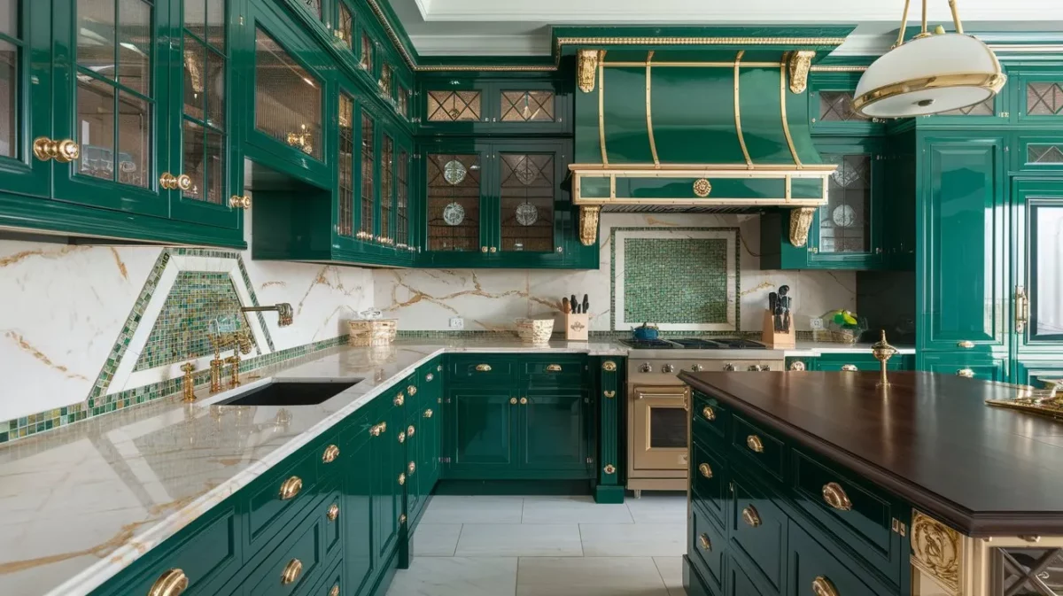 emerald green and gold kitchen colour combination