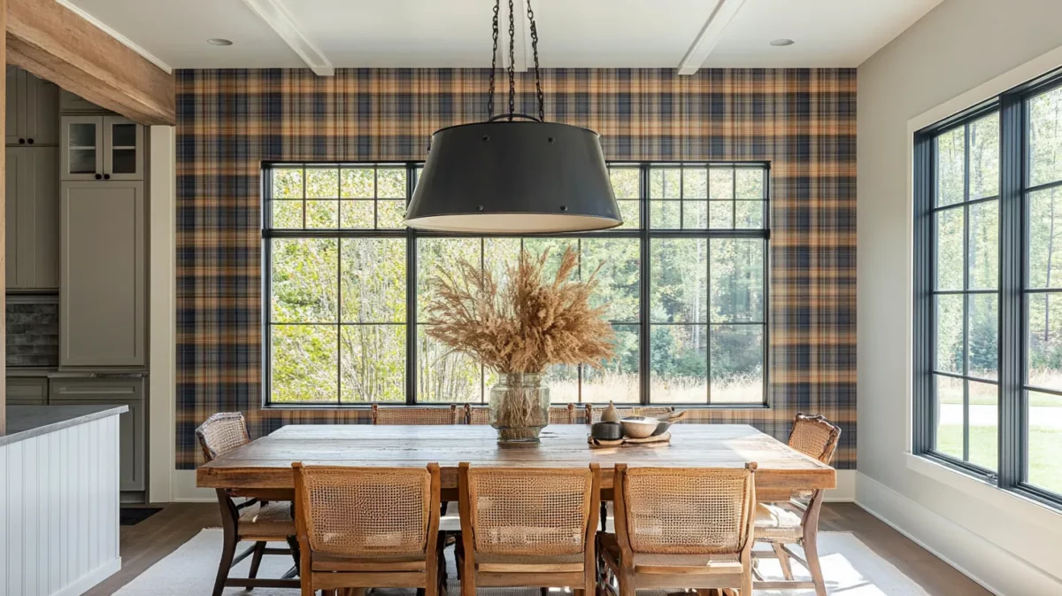 farmhouse plaid patterned wallpaper for dining room