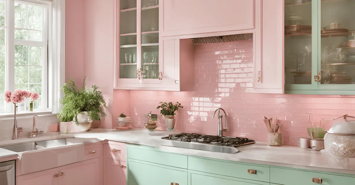 feel minty fresh pink and green colour combination for kitchen