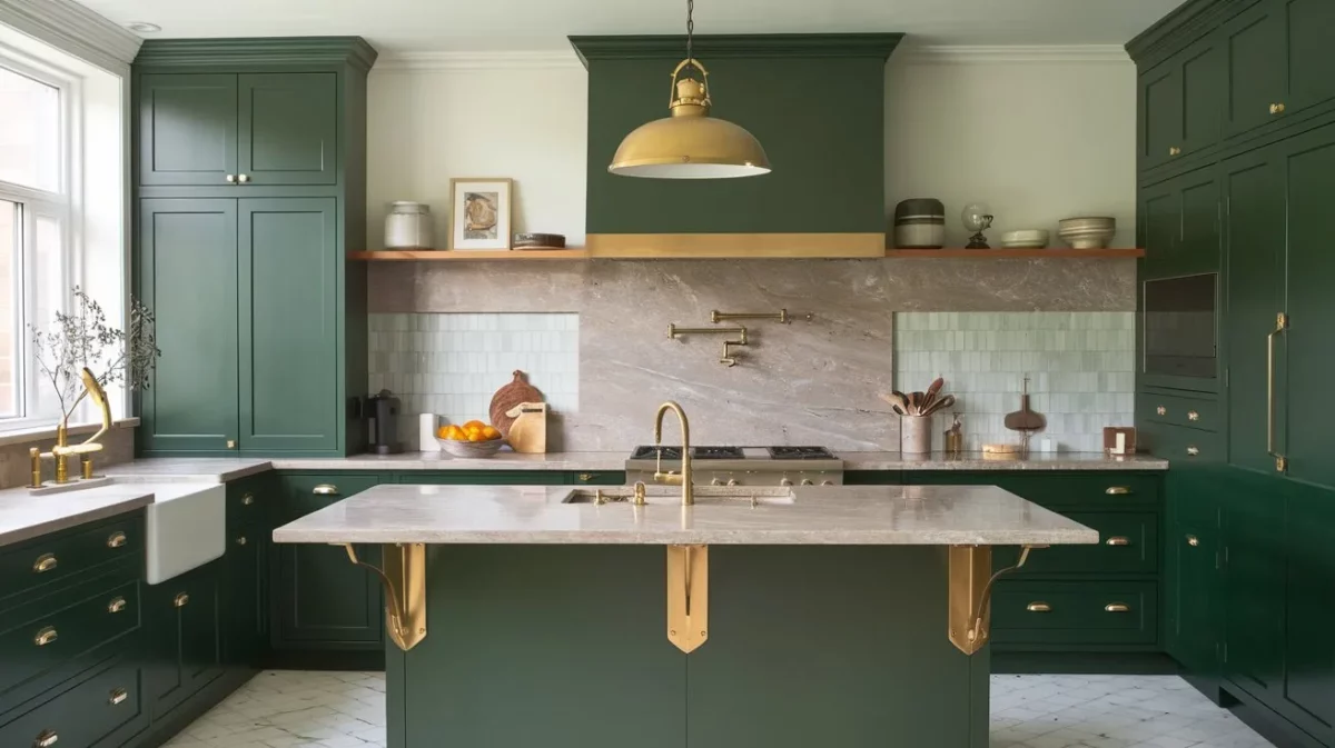 forest green and brass kitchen furniture and trolley colour combination