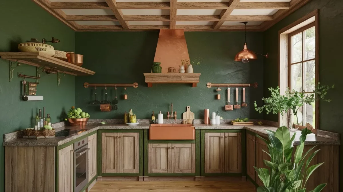 forest green and copper kitchen colour combination