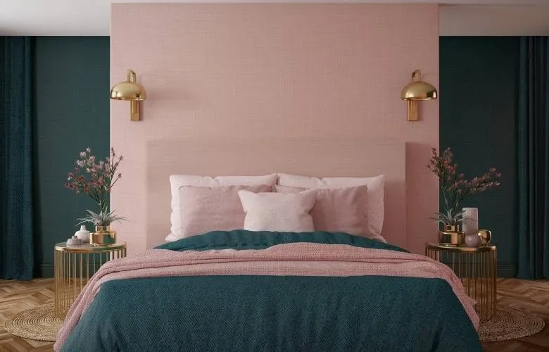 grey and a soft pink colour combination for the bedroom wall