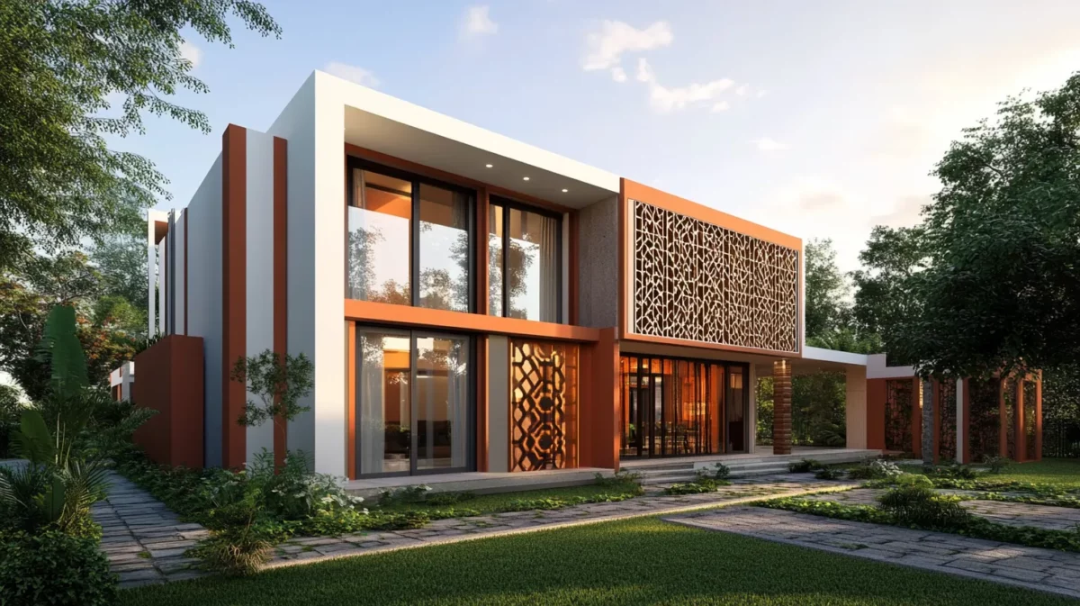 geometric patterns double floor low budget front elevation design