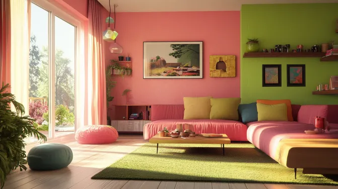 glamorous living room with pink and green color combination