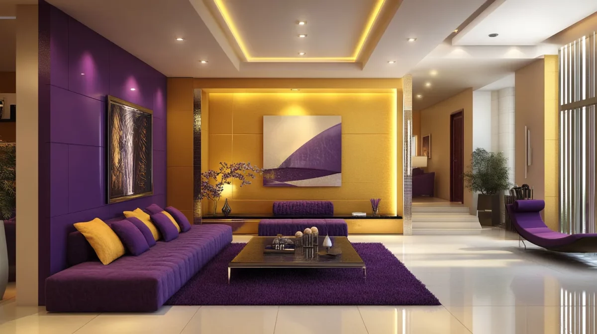 gold and purple colour combination for hall wall