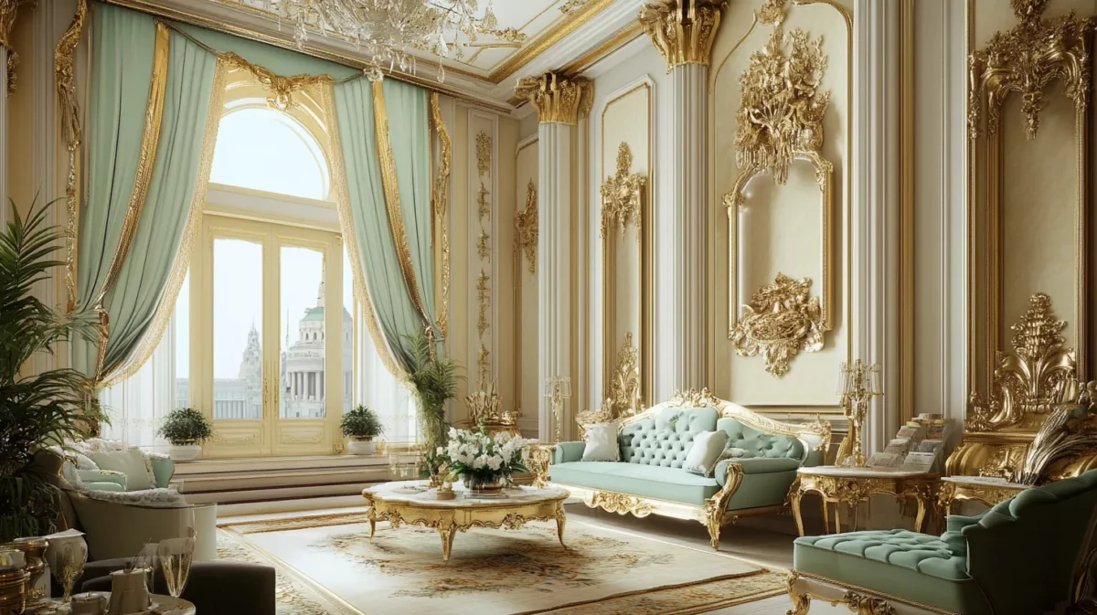 gold with light green color combination for living room