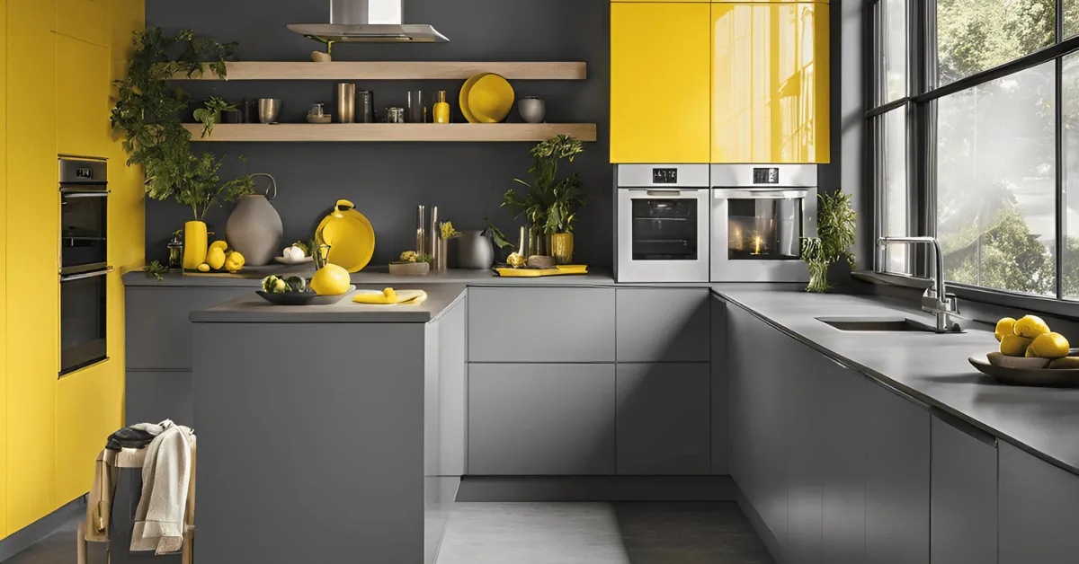 gray and yellow accent simple modular kitchen colour combination