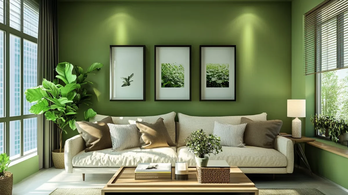 green and white living room wall colour combination with texture