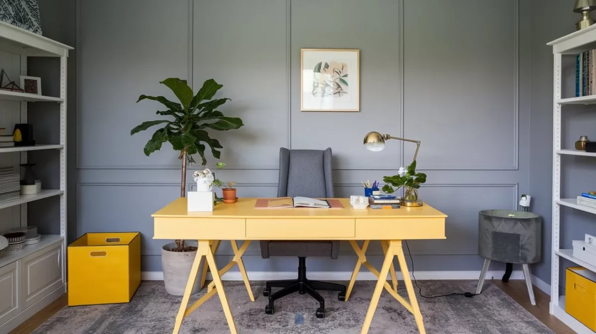 grey and yellow combination yellow wall for home office