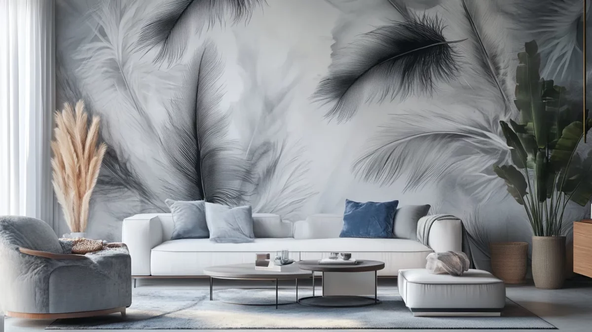 greyish black feathers on white wallpaper for living room walls