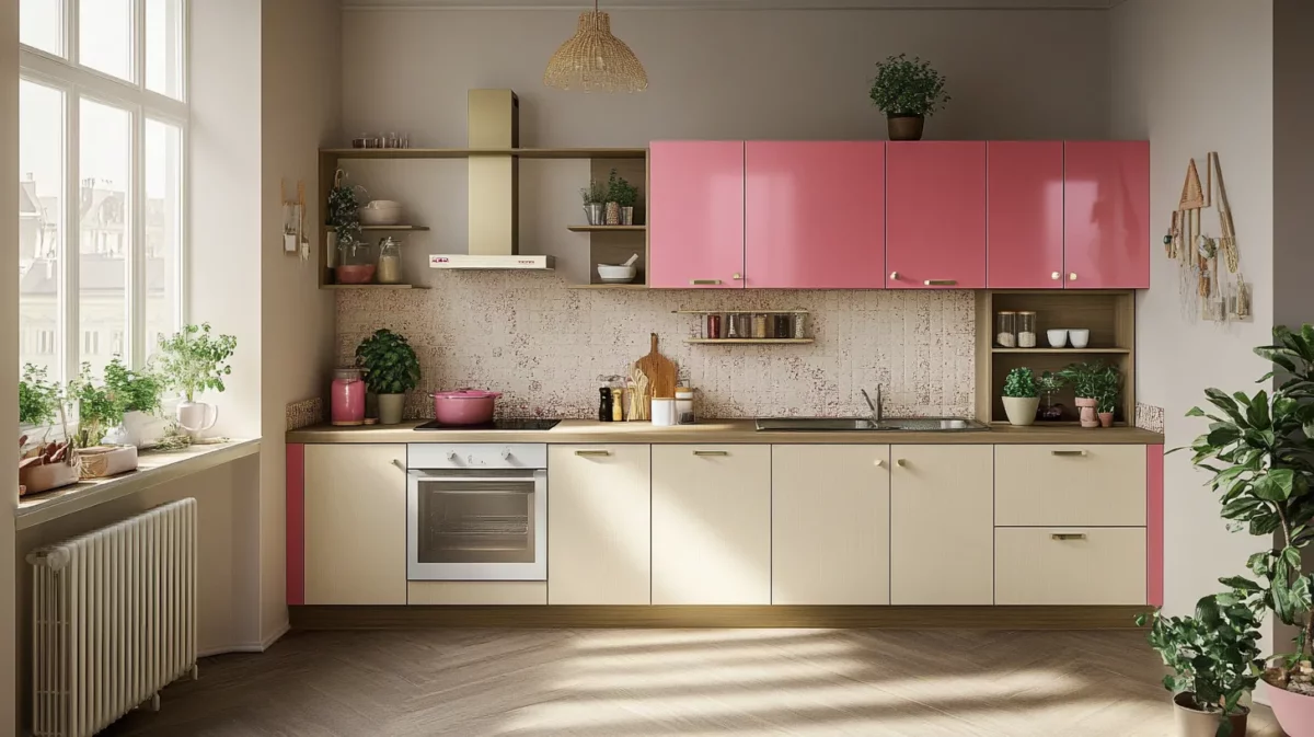 hot pink light pink and beige modular kitchen colour combination