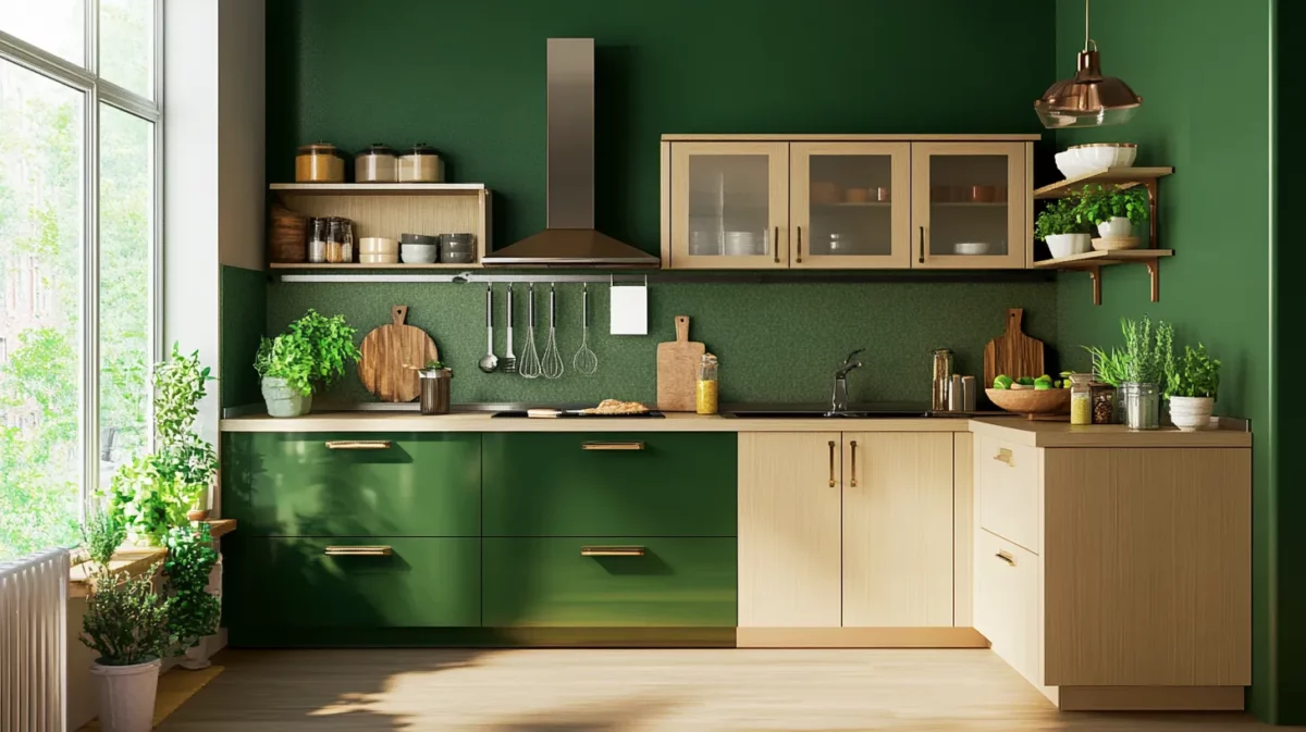 earthy green and warm beige indian kitchen wall colour