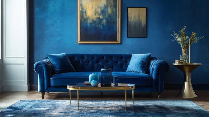 indigo and pale gold colour combinations for drawing room walls