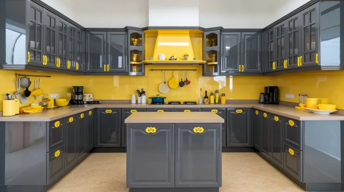 latest kitchen color combination with grey and yellow