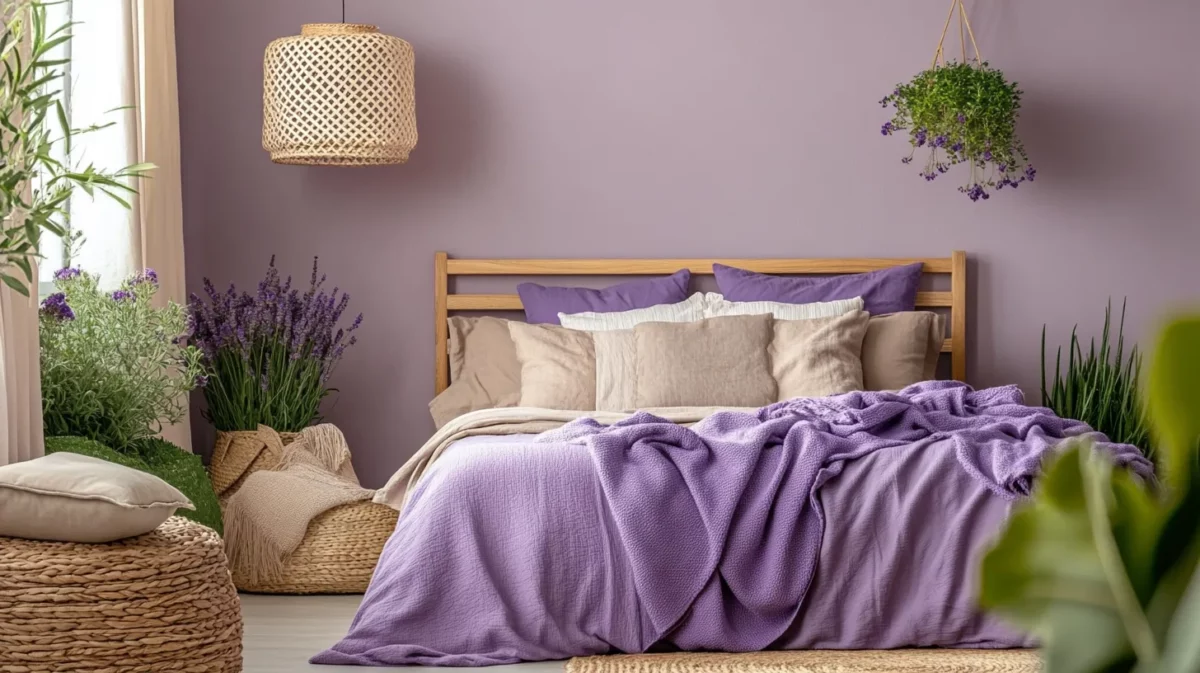 lavender and beige colour combination for bedroom wall