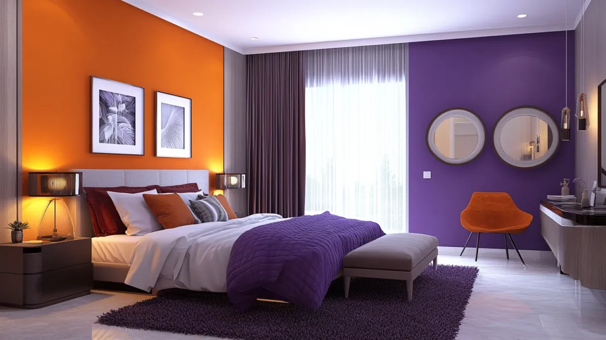 lavender and orange colour combination for bedroom wall