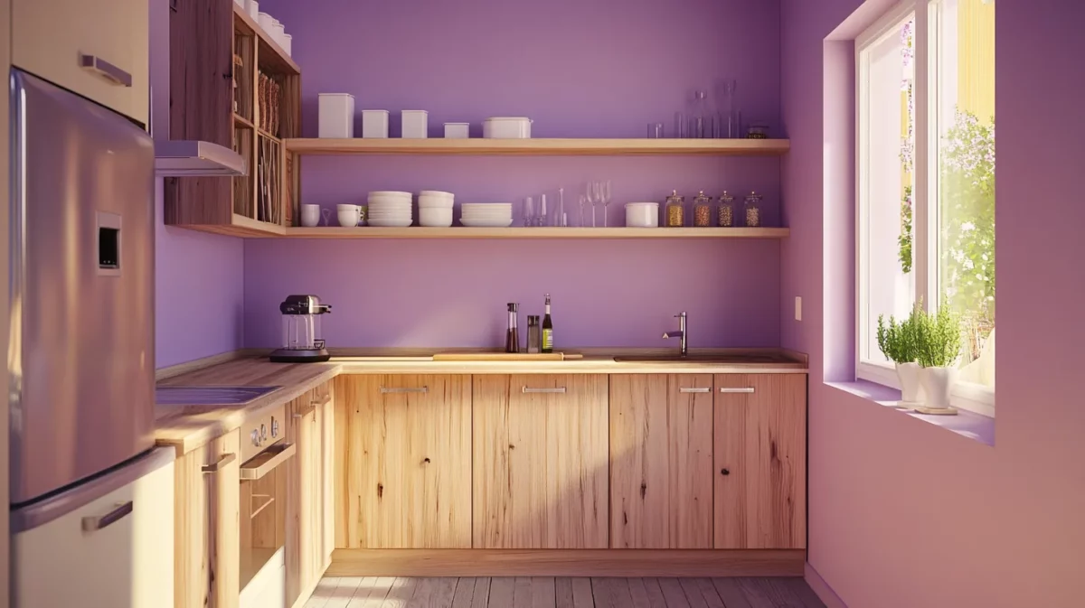 lavender and wood colour combination for the kitchen wall