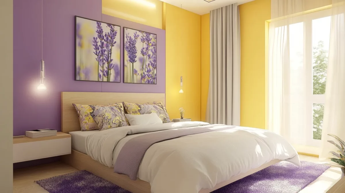 lavender and yellow two colour combination for bedroom walls indian