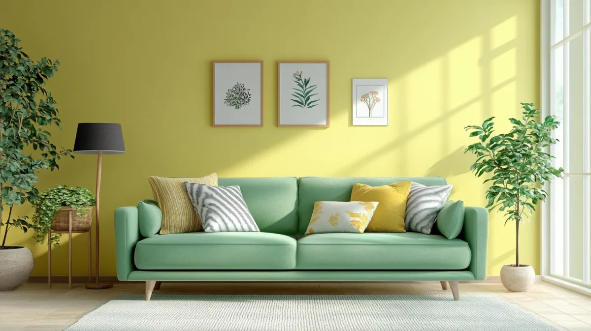 light green and yellow living room wall colour combination with texture