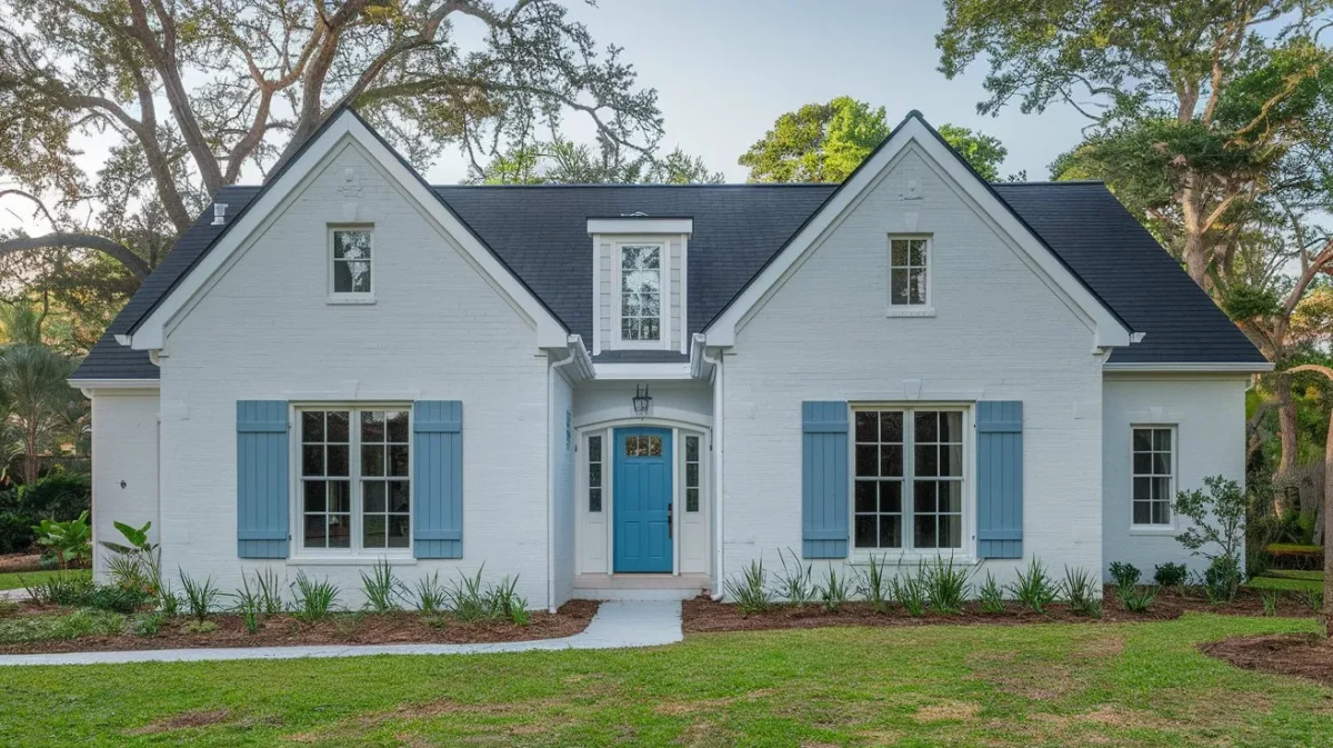 light grey with blue accents on exterior walls