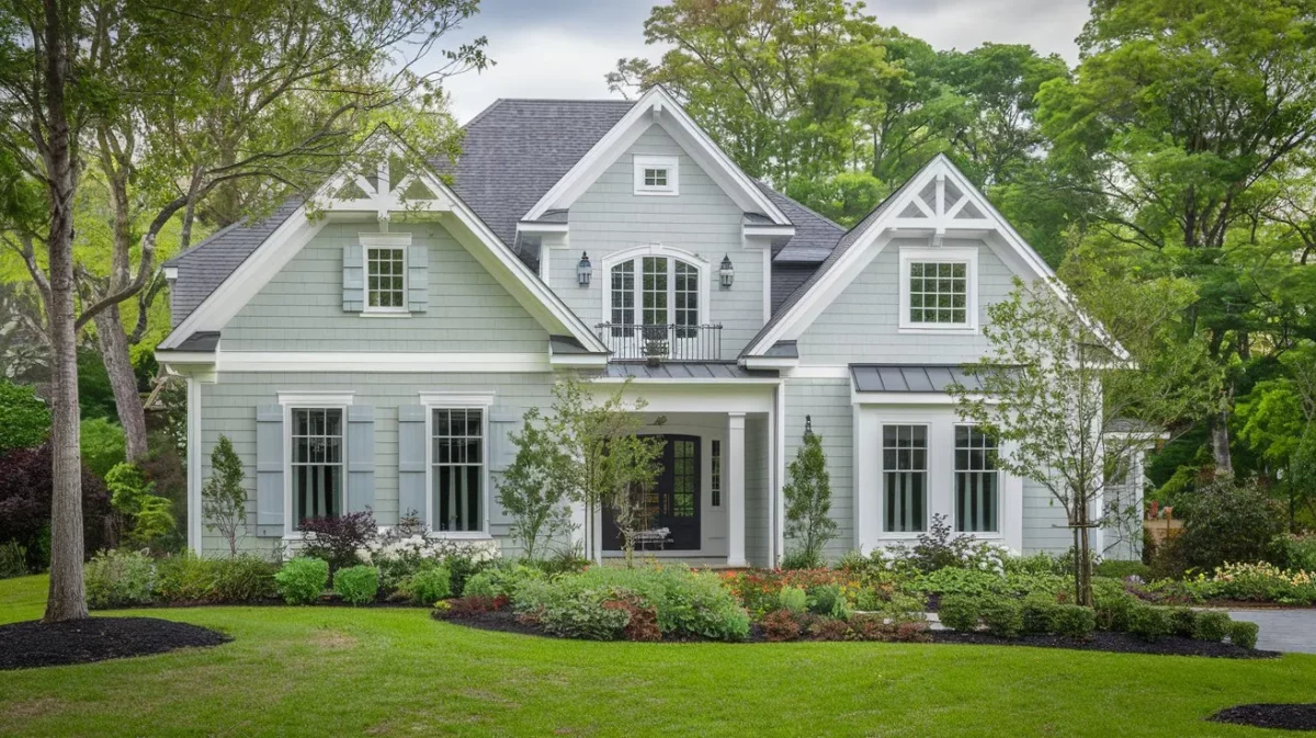 light grey with white and green accents for exterior walls