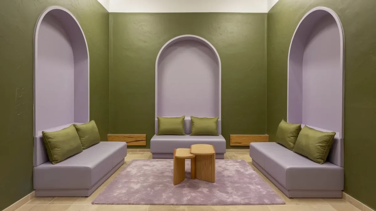 light purple and olive green wall paint colour combination