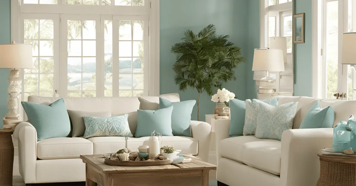 living room colour combination of cream and soft teal