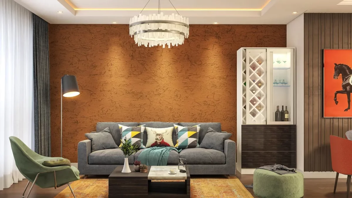 living room metallic finish wall putty texture design