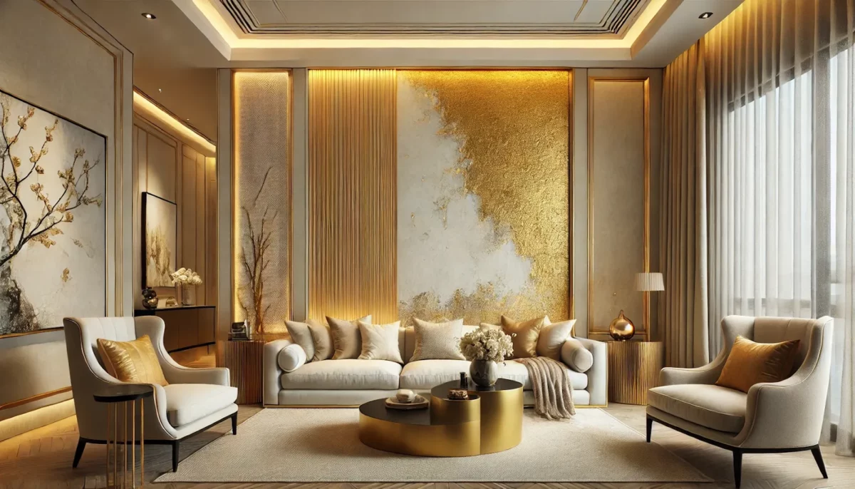 living room texture colour combination with golden and off white