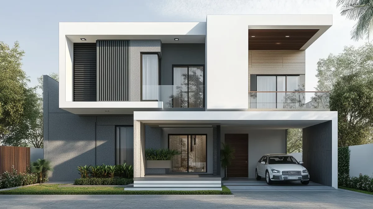 low cost front ground floor elevation design using white and grey