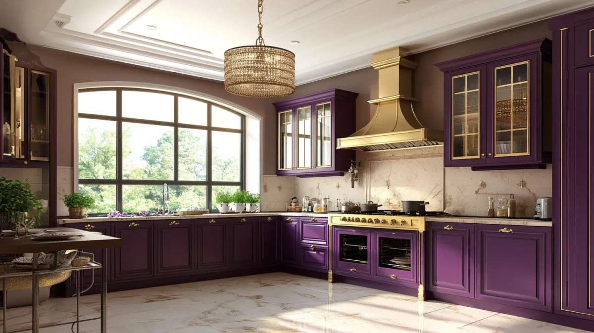 purple and golden accent indian kitchen colour