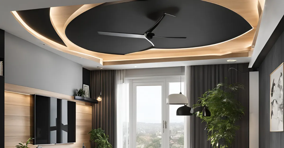 matte black with wood living room false ceiling colour combination