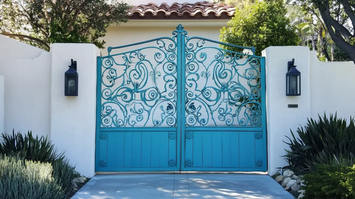 mediterranean teal and white colour combination of iron gate