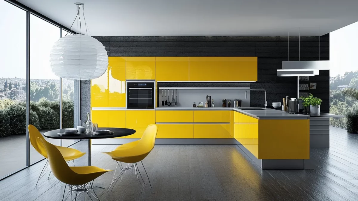 metallic yellow and ashy grey color combination for kitchen