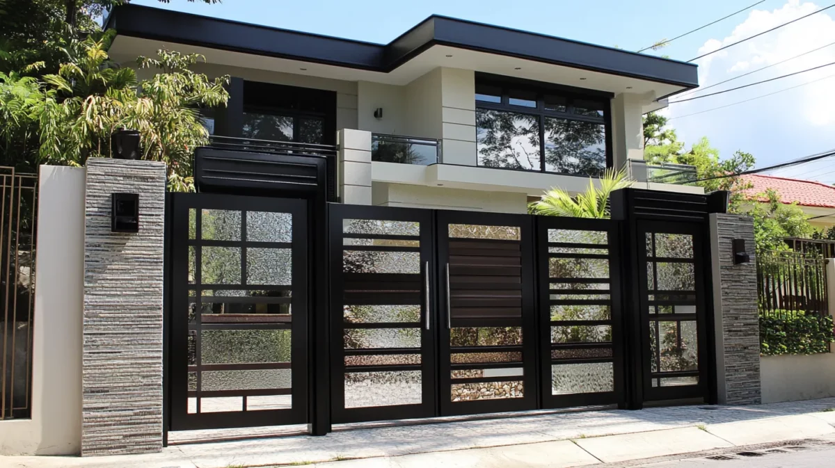 minimalist black and glass front main iron gate colour combination