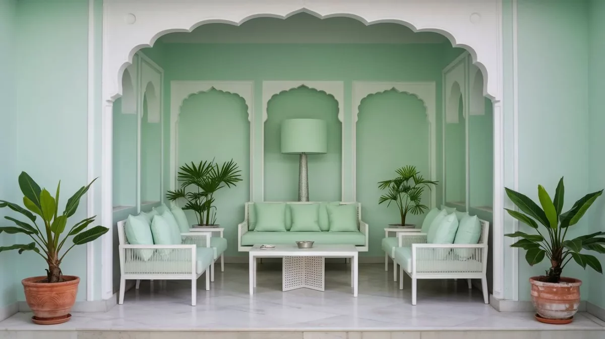 mint green and white colour combination for simple hall