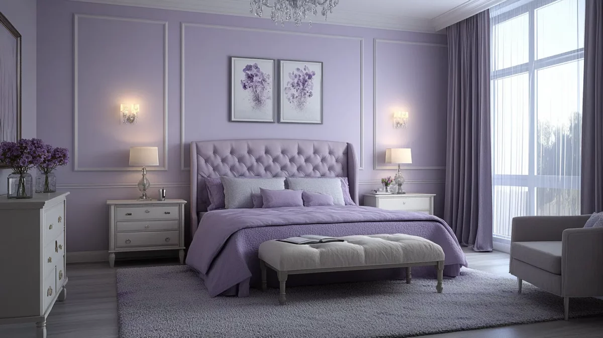 misty lavender and grey bedroom wall light colour combination