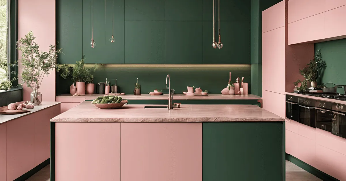 modern elegance pink and green colour combination for kitchen