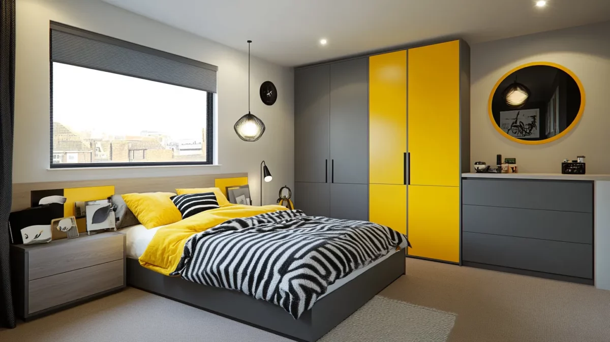 modern grey and yellow wardrobe laminate colour combination