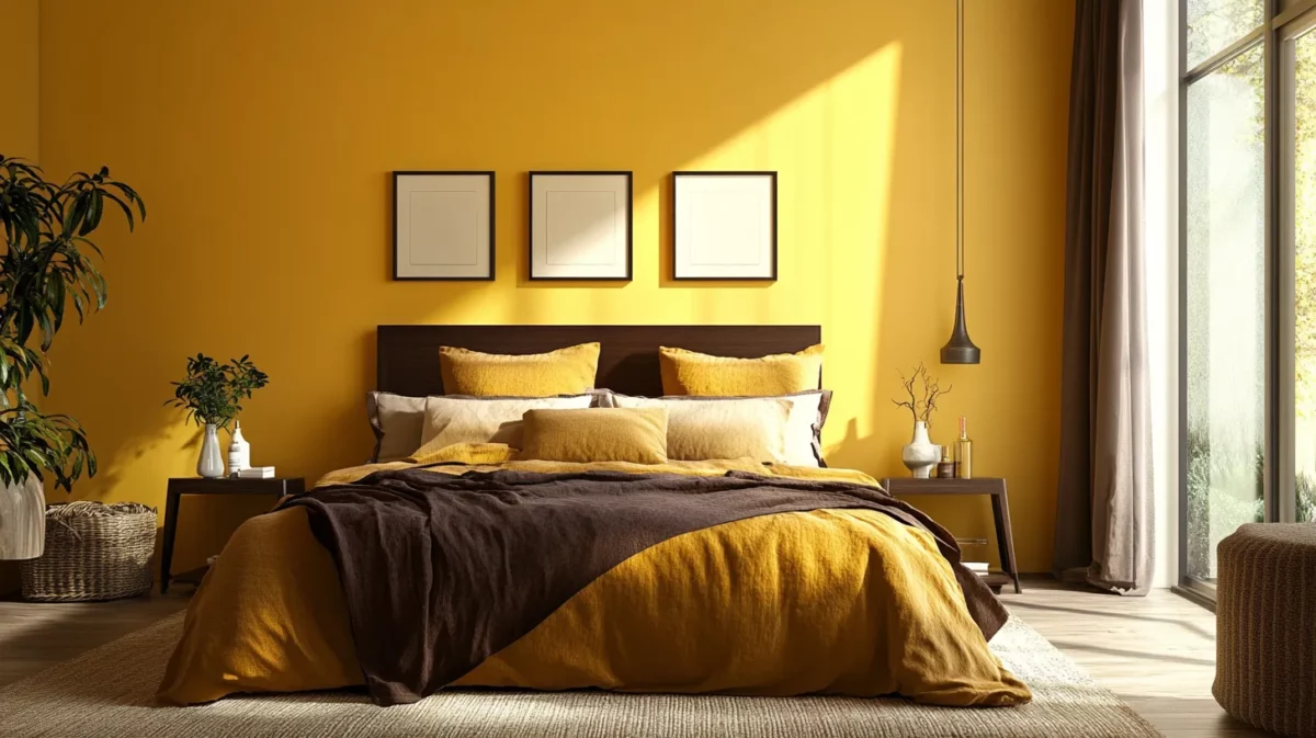 moody yellow and dark brown colour combination for bedroom