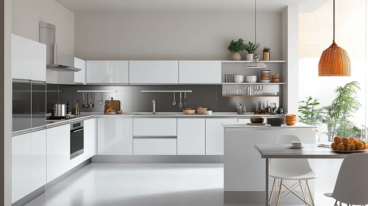 white and metallic silver indian kitchen wall colour