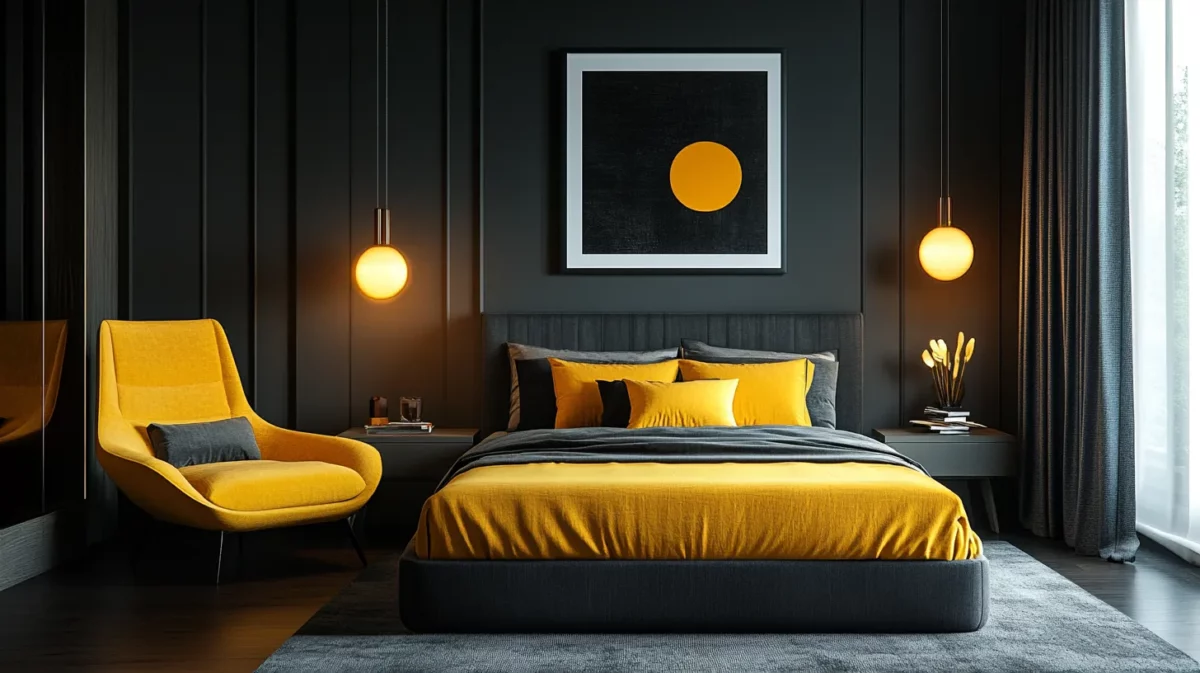 mustard yellow and charcoal gray bedroom colour combination