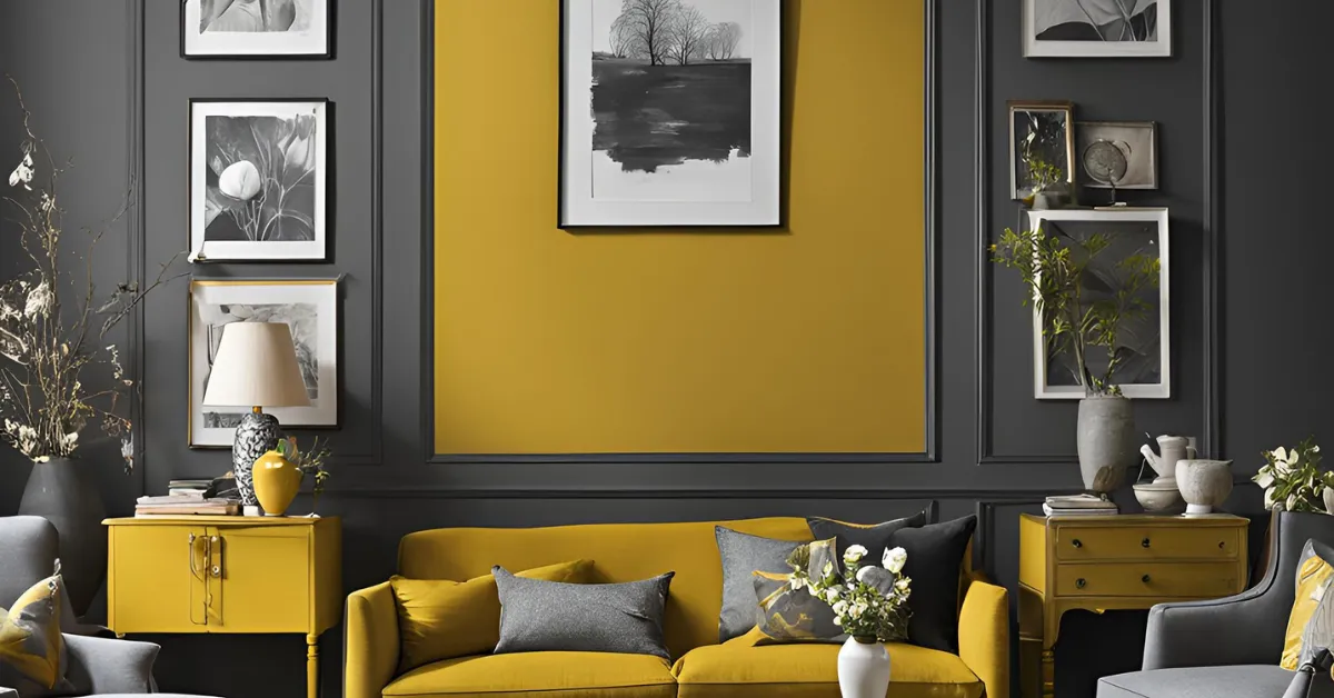 mustard yellow and charcoal grey colours for drawing room walls