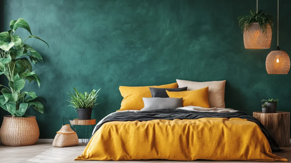 mustard yellow and dark green two colour combination for bedroom wall