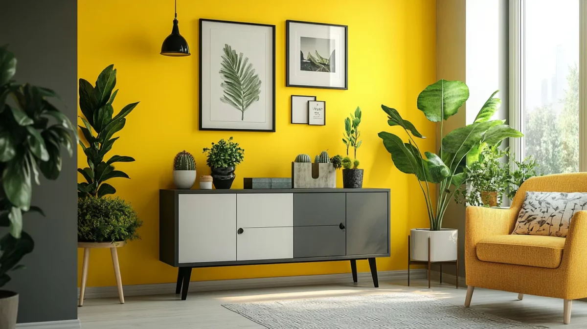 mustard yellow and grey indian hall colour combination