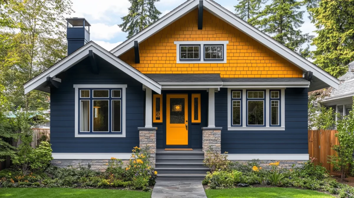 mustard yellow and navy blue small house exterior colour combination