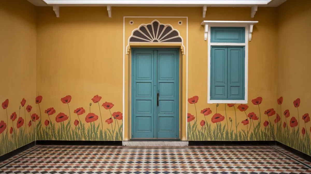 mustard yellow and teal hall colour combination