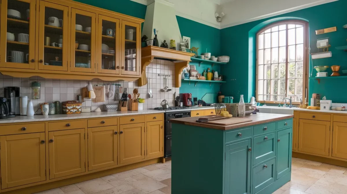 mustard yellow and teal kitchen colour schemes