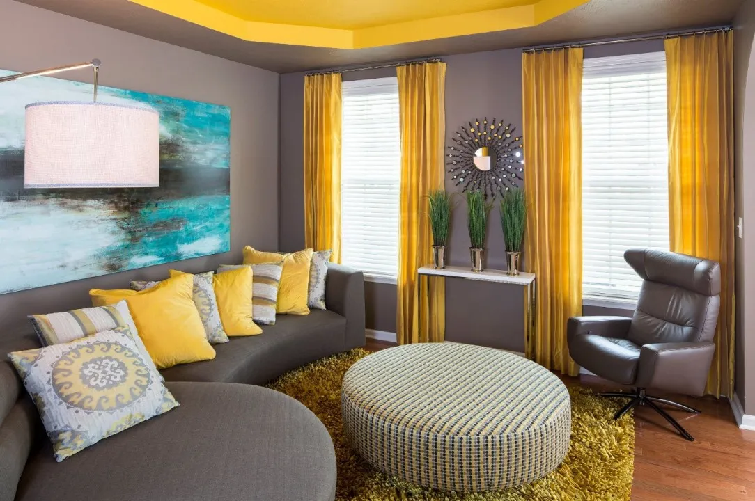 mustard yellow with grey wall colour combination for hall