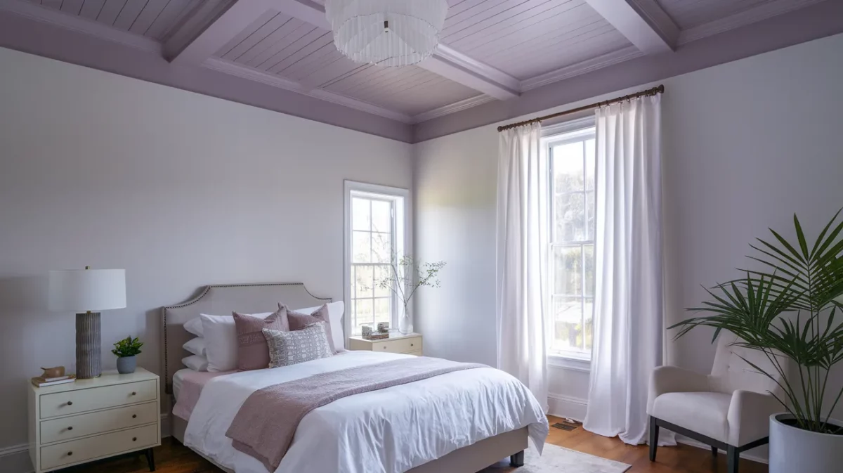 muted lavender and white bedroom colour combination with ceiling